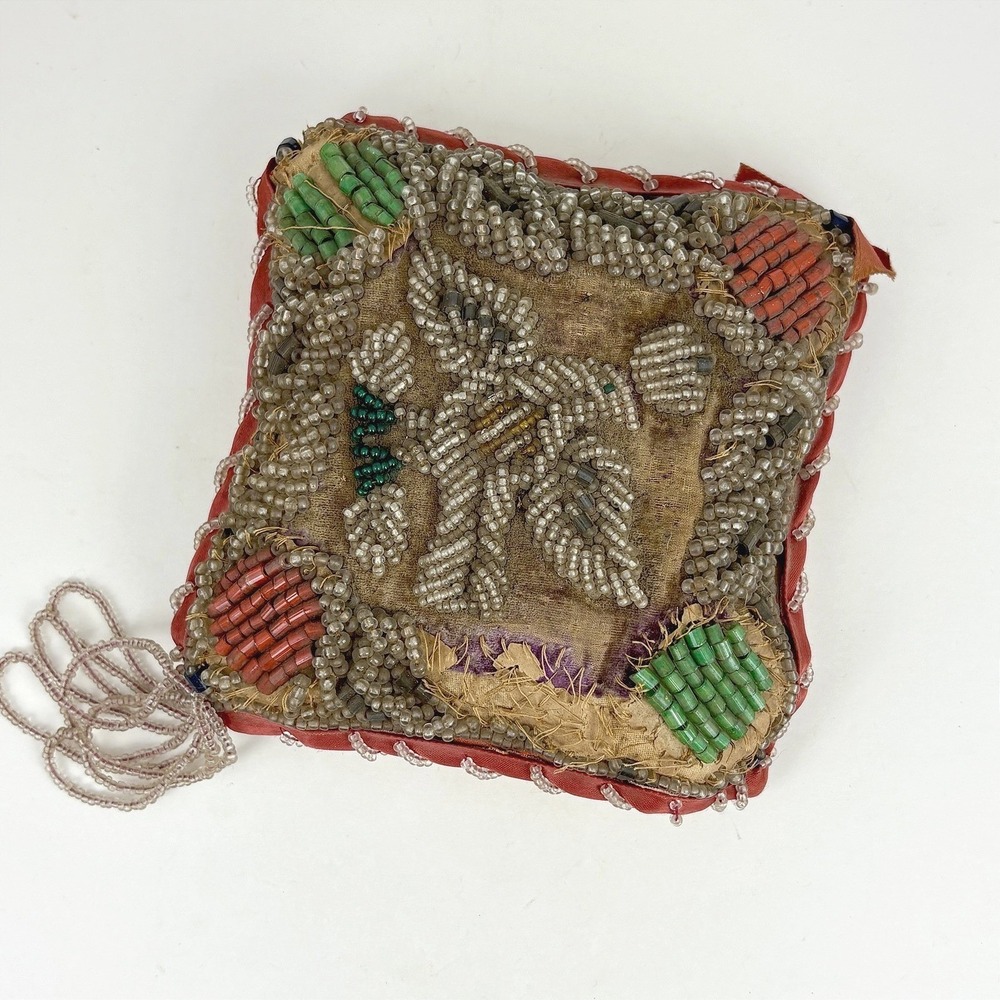 Antique Beaded‎ Pin Cushion Iroquois Red Green Glass Seed Beads 5in Victorian
